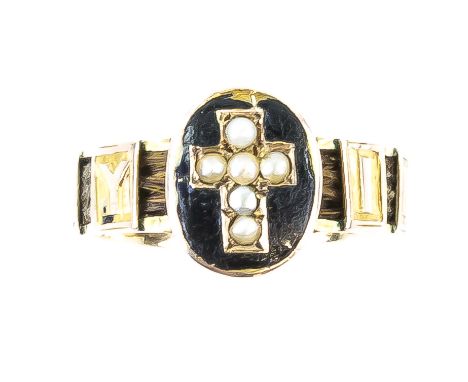 Late Victorian memorial ring, central oval panel set with seed pearl cross and black enamel, woven hair in band with letter p