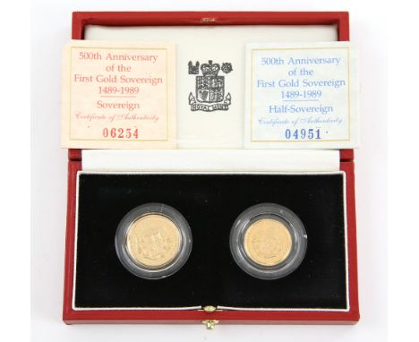 Royal Mint, 500th Anniversary of the first gold sovereign 1489-1989, gold proof sovereign collection, two coin set, 1989, com