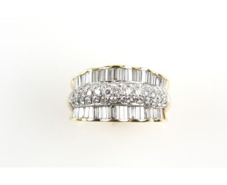  Diamond dress ring, set with round brilliant cut pave set band, and scalloped baguette cut border, estimated diamond total 1