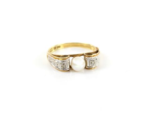 Continental 1940's style ring set with a single pearl, the scroll shoulders with small diamonds, white and yellow gold, marks