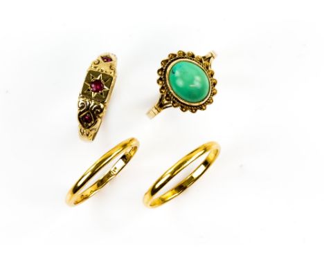 Four rings, two wedding rings, both in 22 ct, sizes P &amp; Q, a turquoise dress ring, size Q and 1970's ruby three stone rin