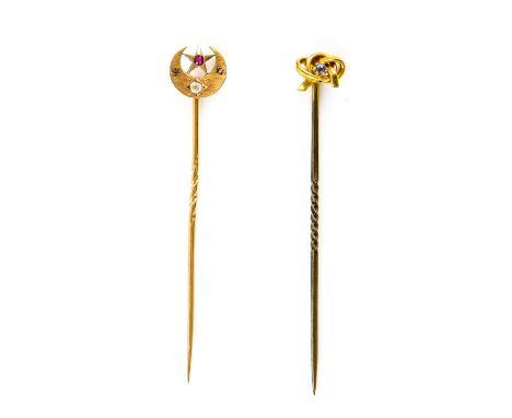 A group of antique jewellery, two stick pins, one set with a sapphire, the other crescent shaped set with two rose cut diamon