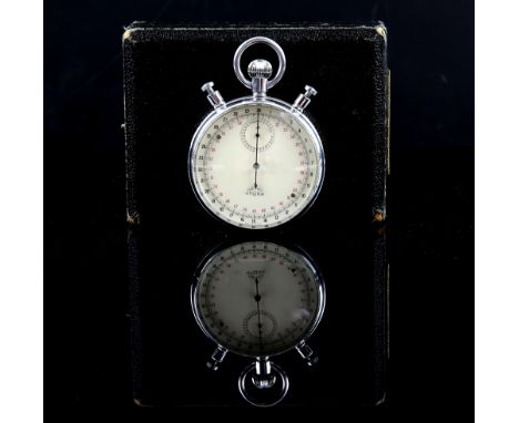 Nero Lemania  stop watch in stainless steel case, the signed dial  with outer  railway track scale in black enamel with Arabi