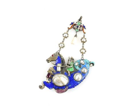 An unusually large Austro Hungarian enamel and  blister pearl pendant, in the form of a sea horse and rider, set with foil ba