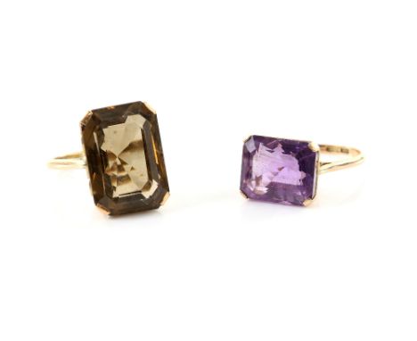 Two vintage cocktail rings, one set with large amethyst and another smoky quartz, both 14 ct gold, ring size S .    CONDITION