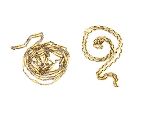 Long gold chain, marquise shaped beads, connected to double belcher links, 140cm in length and a oval belcher link chain, bot