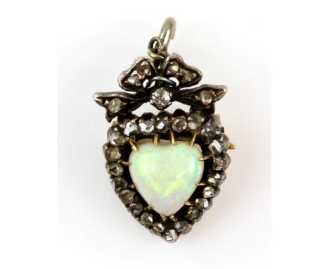 Antique opal and diamond set heart, pendant brooch, set with central opal and rose cut diamonds, silver front and 9 ct gold b