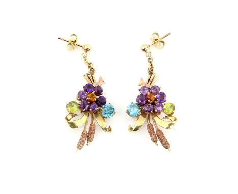 Vintage floral drop earrings, set with round cut amethyst, citrine, peridot and blue zircon, with bulrush motif, post and but