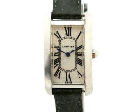 § A Santos de Cartier, Ladies  stainless steel tanks wristwatch  the signed guilloche dial with black Roman numerals, surmoun