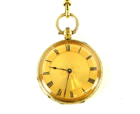 A ladies open face gold pocket watch, circular dial with central foliate reserve, black applied Roman numeral hour markers an
