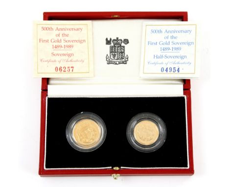 Royal Mint, 500th Anniversary of the first gold sovereign 1489-1989, gold proof sovereign collection, two coin set, 1989, com