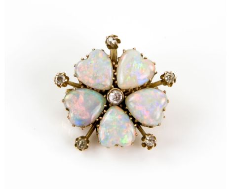 Edwardian floral brooch pendant, set with five cabochon cut opal petals, and six old cut diamonds, pin and catch fitting, pen