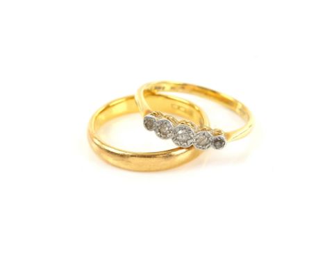 Diamond five stone ring, mounted in 18 ct and platinum and a 1950's wedding band, in 22 ct, both ring size OTo be sold in aid