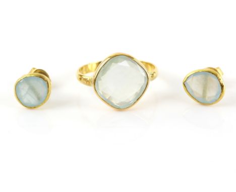 Contemporary aquamarine ring, rub over set, ring size K and a pair of matching aquamarine stud earrings, with post and butter