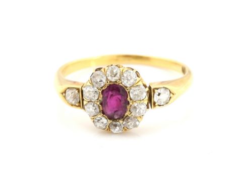 Victorian ring, centrally set with oval ruby, estimated weight 0.42 carats, old cut diamond set border and shoulders, estimat