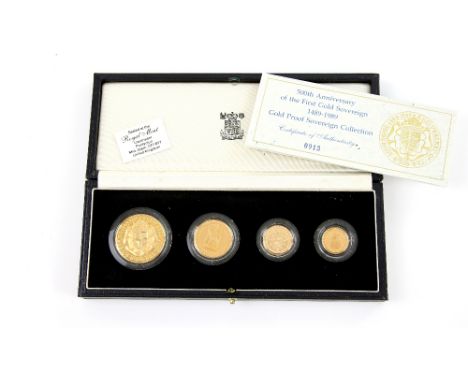 Royal Mint. 500th Anniversary issue of the first gold sovereign 1489-1989, gold proof sovereign coin collection. Comprising f