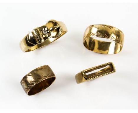 Four gold rings, gypsy set diamond buckle ring, ring size Z+1, two engraved wedding bands, one size R and the other size J an