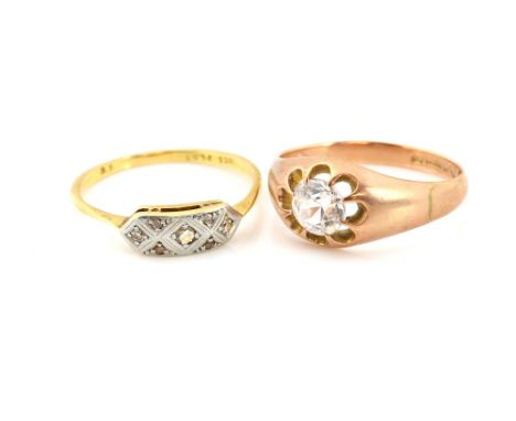 Two rings, diamond set panel ring, 18 ct and platinum, ring size R and 1920's paste set ring, mounted in 9 ct, ring size Q.  