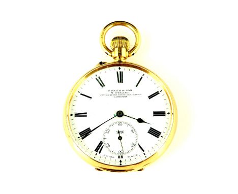 An English gold case open face pocket watch, the white enamel dial signed S Smith and Son , 9 The Strand, London, with black 
