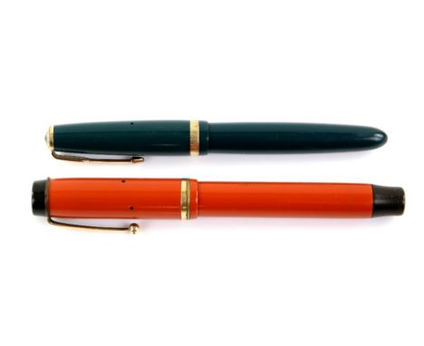 Two parker pens, one 1930's red Duofold with a single cap band, marked Toronto Canada, gold nib and another vintage Duofold i