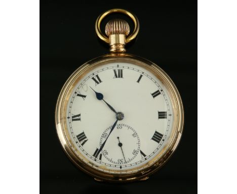Rolex gentleman's gold plated open face  pocket watch, with unsigned circular enamel dial with applied black roman numeral ho