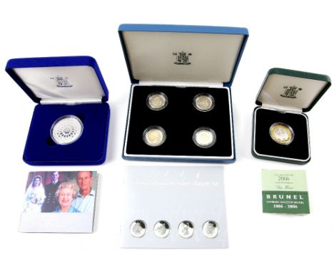 Royal Mint. Silver proof coins 2000's to include 2004 Silver Pattern Set, four coins, cased with booklet. 2007 Diamond Weddin