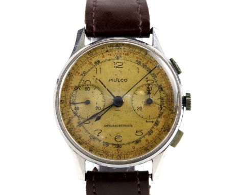 Mulco a chronograph wrist watch, the chrome case with pushers at 2 and 4 , signed  round dial with Arabic numerals  hour mark