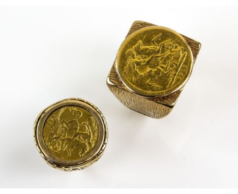 Two  gold coin set rings, one with a 1918 full sovereign, in a textured vintage mount, ring size Q and one set with a 1911 ha
