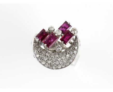 Vintage abstract design crescent ring, set with four rectangular cut rubies and Swiss cut diamonds, stamped 18 ct, ring size 