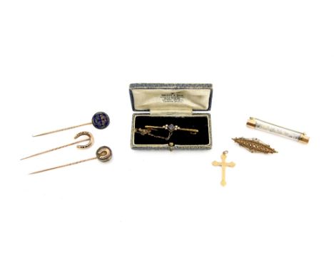 A group of brooches and stick pins, sapphire and seed pearl bar brooch, stamped 15 ct, in Grant &amp; Son box, seed pearl bar