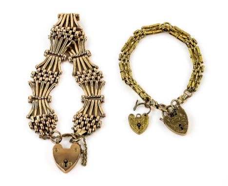 Two gold gate bracelets, one with fancy links and the other with textured and twist links and two heart padlock clasps, 17cm 