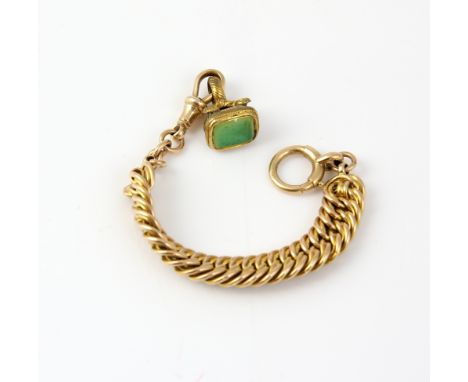 Victorian gold watch chain, with bolt ring  and swivel clasps, in 15 ct yellow gold, 13.5cm in length and a gilt metal green 