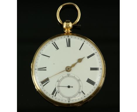 A  Victorian Open face 18 carat yellow gold pocket watch, the unsigned white enamel dial with black roman numeral hour marker