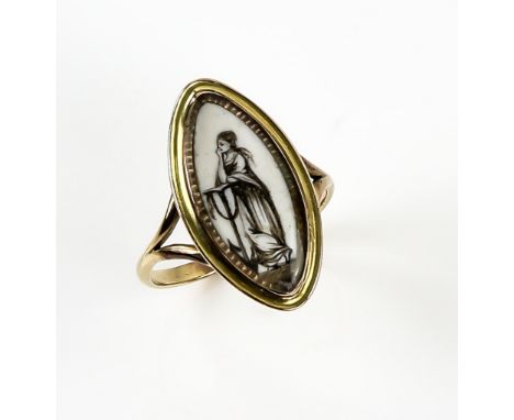 Georgian ring, navette form, central painting of a lady and anchor, reverse engraved 'Mary Parking ob Hair', ring size O, mou