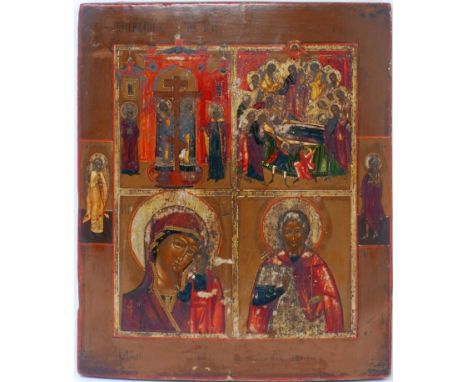 A Russian icon in four registers depicting the Mother of God of Kazan, the Dormition of the Mother of God, a saint, and saint
