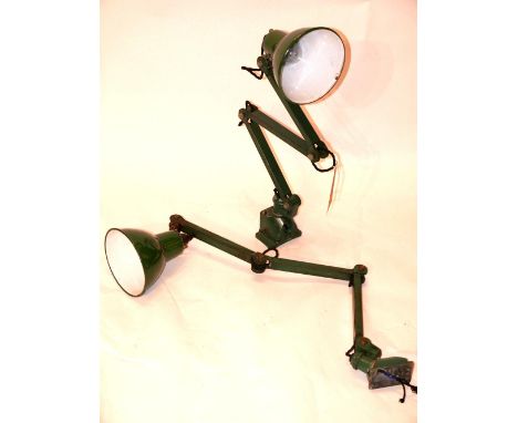 A pair of mid century green painted industrial machinist adjustable lamps, by EDL Lighting ltd., approx L.80cm (2) 