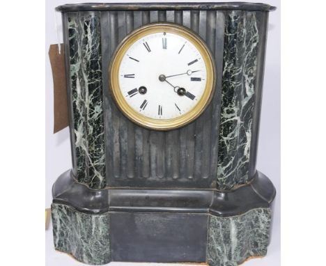 A late 19th century French black slate and variegated marble mantel clock, drum movment signed V.Billiet &amp; Roblin, Paris,
