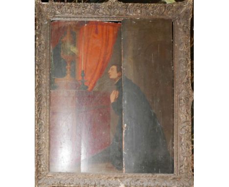 19th century school, Vicar praying in a church, oil on panel, 58 x 46cm (panel has snapped) 