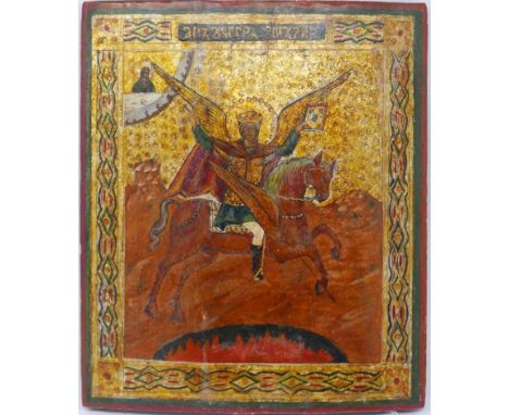 A Russian icon depicting The Archangel Michael, tempera on wood panel, the horseman of the apocalypse on a winged horse holdi
