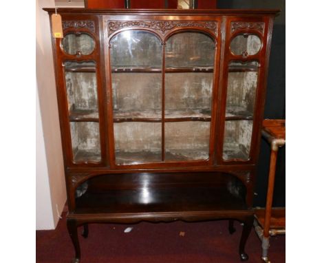 An early 20th century Art Nouveau mahogany glazed display cabinet, with fitted velvet interior and under tier shelf raised on