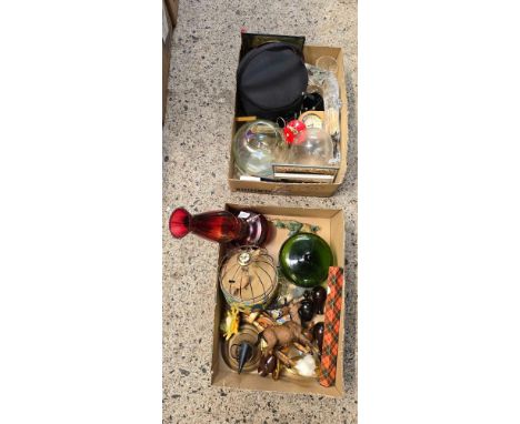 2 CARTONS OF MIXED BRIC-A-BRAC INCL; GLASSWARE, OIL LAMP, VANITY BOX & A VINTAGE SINGING SWINGING BIRD CAGE JEWELLERY BOX, NE