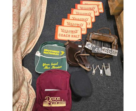 QTY OF ENAMELLED YELLOWAY SERVICES COACH HALT SIGNS & AN OLD LEATHER BAG OF DEVON GENERAL MINI BUS FLEET NUMBERS, BUS TICKET 