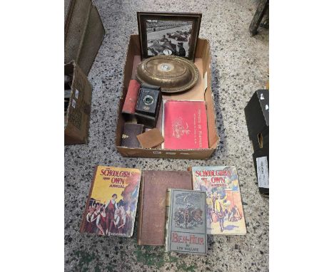 CARTON WITH VINTAGE ENSIGN BOX CAMERA IN CARRY CASE, VARIOUS BOOKS & PHOTOGRAPHS