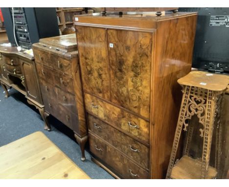 ART DECO WALNUT VENEERED TALLBOY WITH CUPBOARD & 3 DRAWERS, 2ft 6" WIDE & A SIMILAR NEST OF 4 LONG DRAWERS WITH WATER STAININ