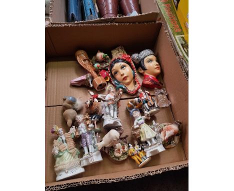 3 CARTONS OF MISC BRIC-A-BRAC INCL; FIGURINES, MISC CHINA,LOCOMOTIVE MONEY BOX & A MODEL OF THE MALLARD