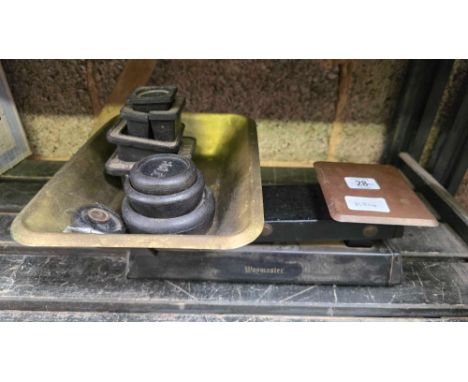 SET OF VINTAGE WAY MASTER WEIGHT SCALES WITH MISC WEIGHTS