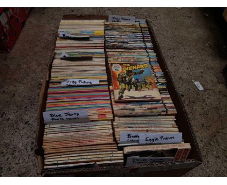 CARTON OF VINTAGE PICTURE LIBRARY BOOKS INCL; WAR, COMMANDO, BATTLE, JUDY, BLUE JEANS, MANDY BUNTY &amp; MORE