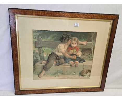 19THC COLOUR PRINT AFTER E MUNIER 1886 OF A BOY AND A GIRL SEATED ON A BENCH WITH APPLES AND ORANGE, PRINTED BY ROBINSON'S OF