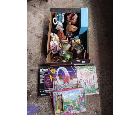 CARTON WITH MISC CHINA FIGURES, CUTLERY, TOBY JUG, FLAMINGO SWIMMING RING, BARBIE MOUNTAIN BIKE SET & A STAR SHOOTER ROLLER C