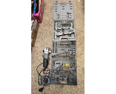 CASED DRILL &  ATTACHMENT SET, A KINZO ANGLE GRINDER & A CASED HALFORDS SOCKET SET